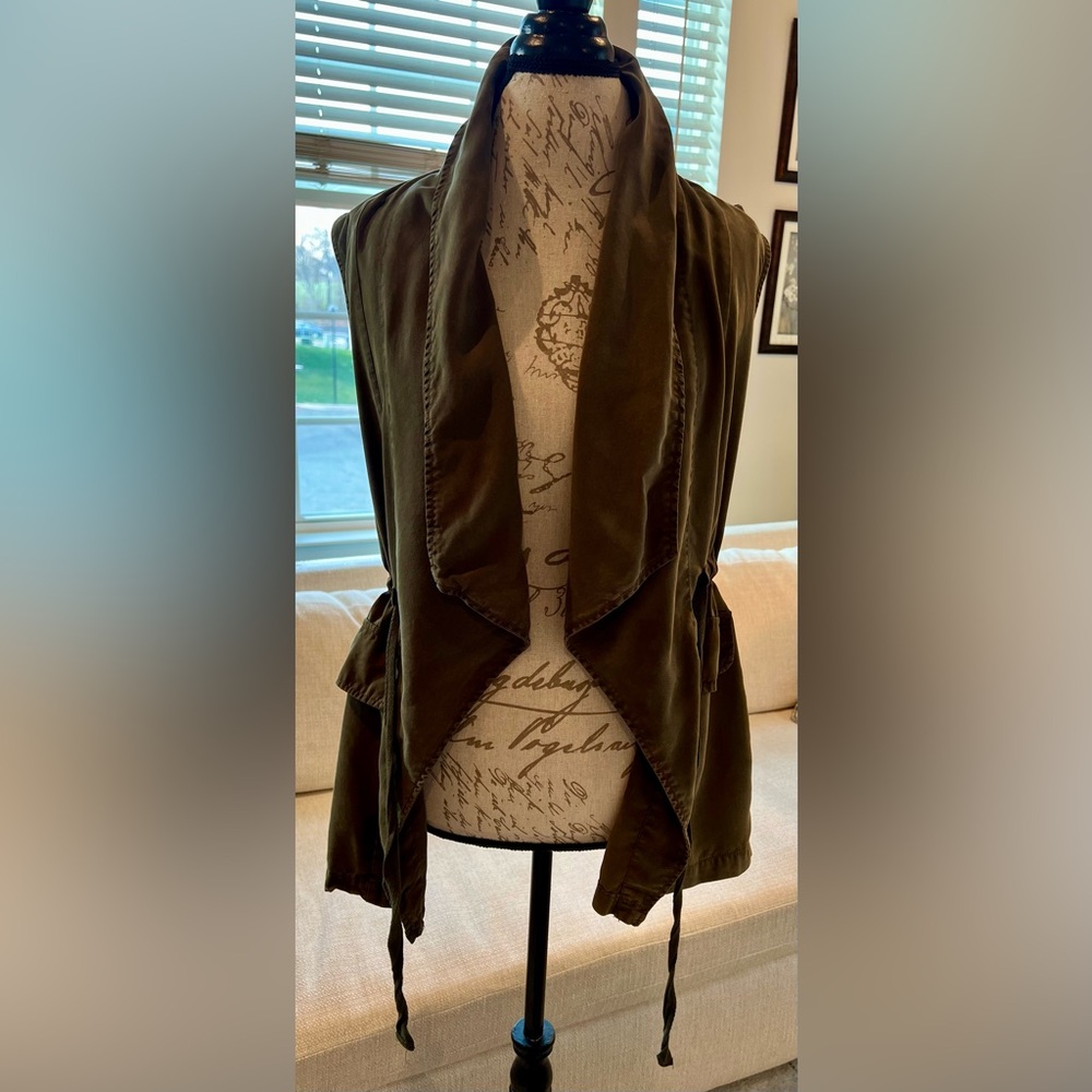 Anthropology Boho Utility Vest Army Olive Green Cinched Waist Flowy Neck